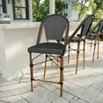 thumbnail image 3 of Martha Stewart Indoor-Outdoor Stackable Bistro Counter Stool with Natural Woodgrain Aluminum Finish Frame and Black/White Woven Rattan Back and Seat, 3 of 12