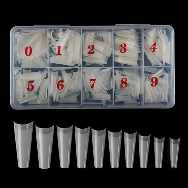 Uñas acrílicas de ataúd natural - Puntas de uñas de bailarina de ataúd Uñas de media cubierta Uñas postizas acrílicas largas Artificial 10 Tamaño 500 piezas con caja (Natural)