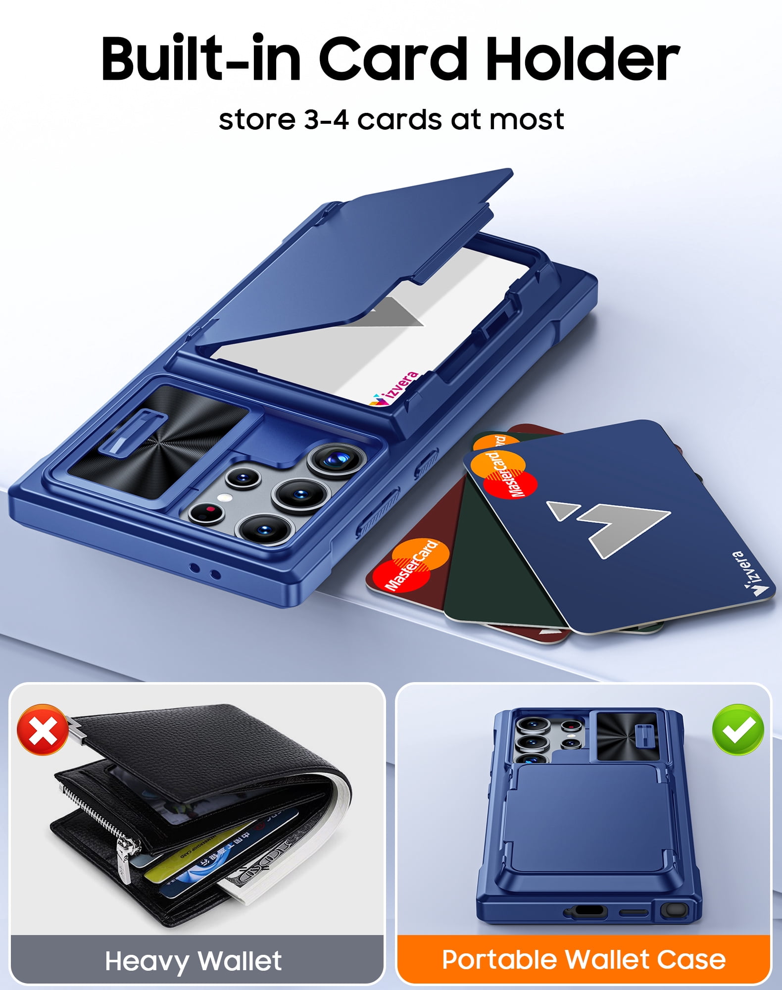 Vizvera for Samsung Galaxy S24 Ultra Phone Case with RFID Cards Holder (Store 4 Cards)&Camera Cover & Kickstand,Shockproof Silicone Case-Blue