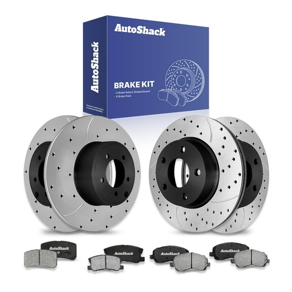 AutoShack Front & Rear Drilled & Slotted Brake Rotors Ceramic Brake Pads | Replacement for 2015 2017 Mitsubishi Lancer 2.0L 2.4L AWD FWD | E-Coated | 12-PC Brake Kit | ShadowGuard