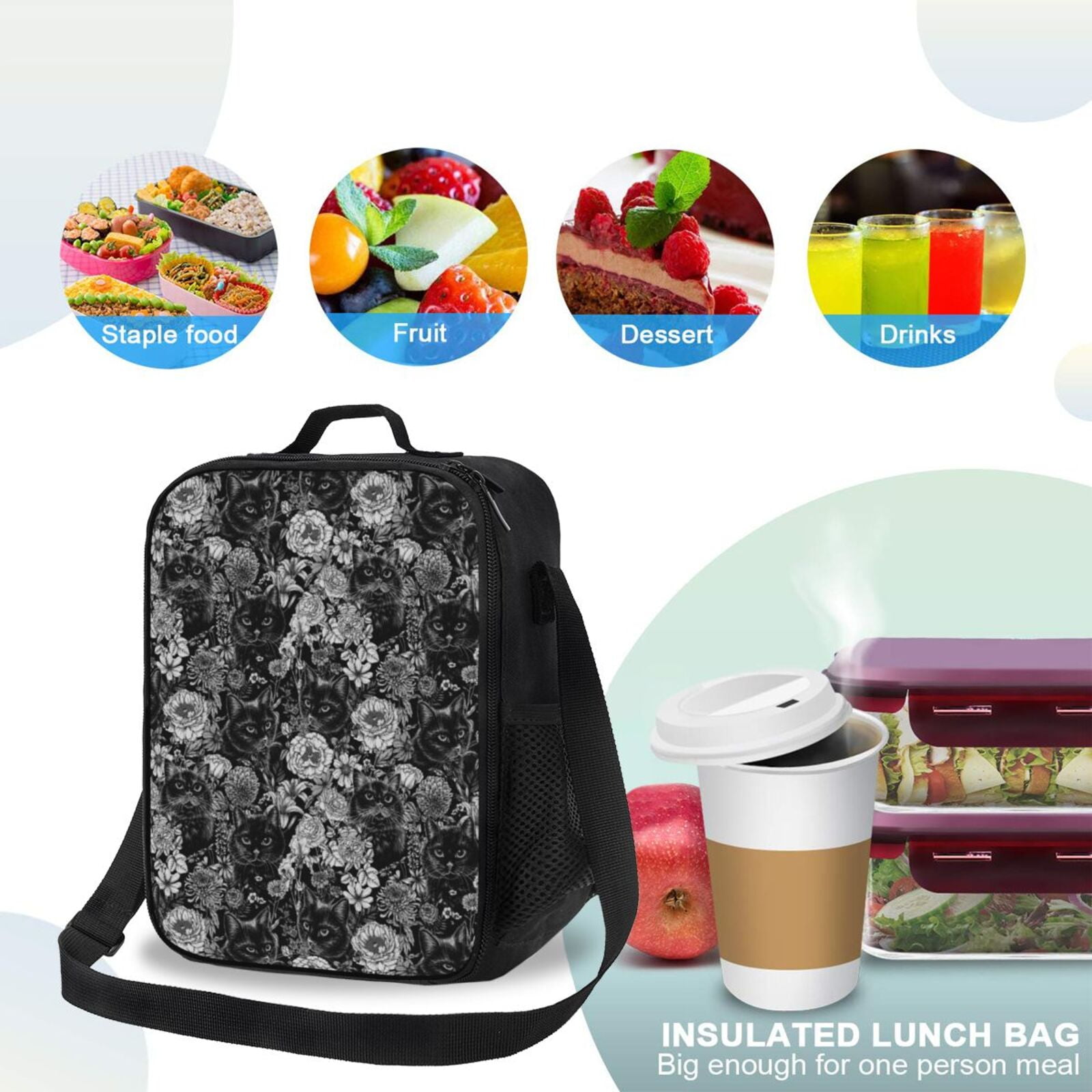 Defioc Black Cats In A Garden Print Lunch Box for Men & Women, Insulated Lunch Bag Thickened Thermal Leakproof Lunch Tote Bag for Adult Office Travel Picnic