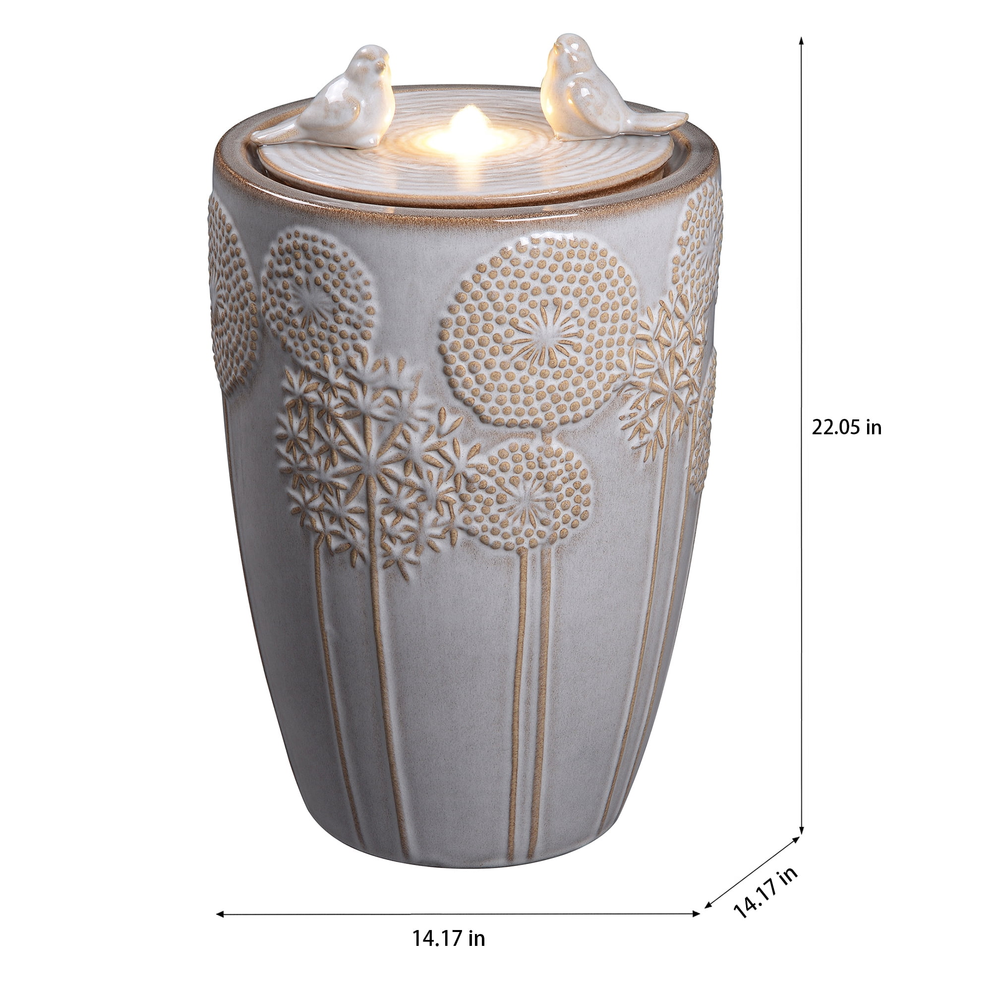 Ivory Ceramic Bird & Dandelion Fountain, Decorative Water Fountain with LED Lights and Quiet Pump, Indoor Outdoor Water Feature for Patio, Garden, Deck, Balcony, Office and Home Décor