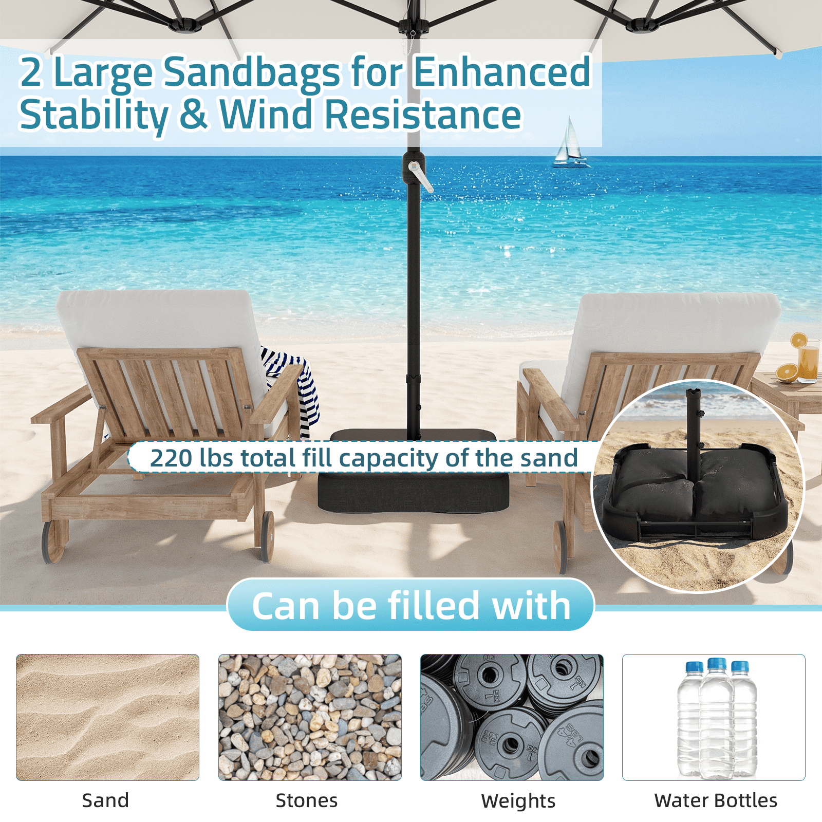 AECOJOY Umbrella Stand,Heavy-Duty 220lb with Sandbags,Compatible with 1.9" Pole,Outdoor Umbrella Base, Black