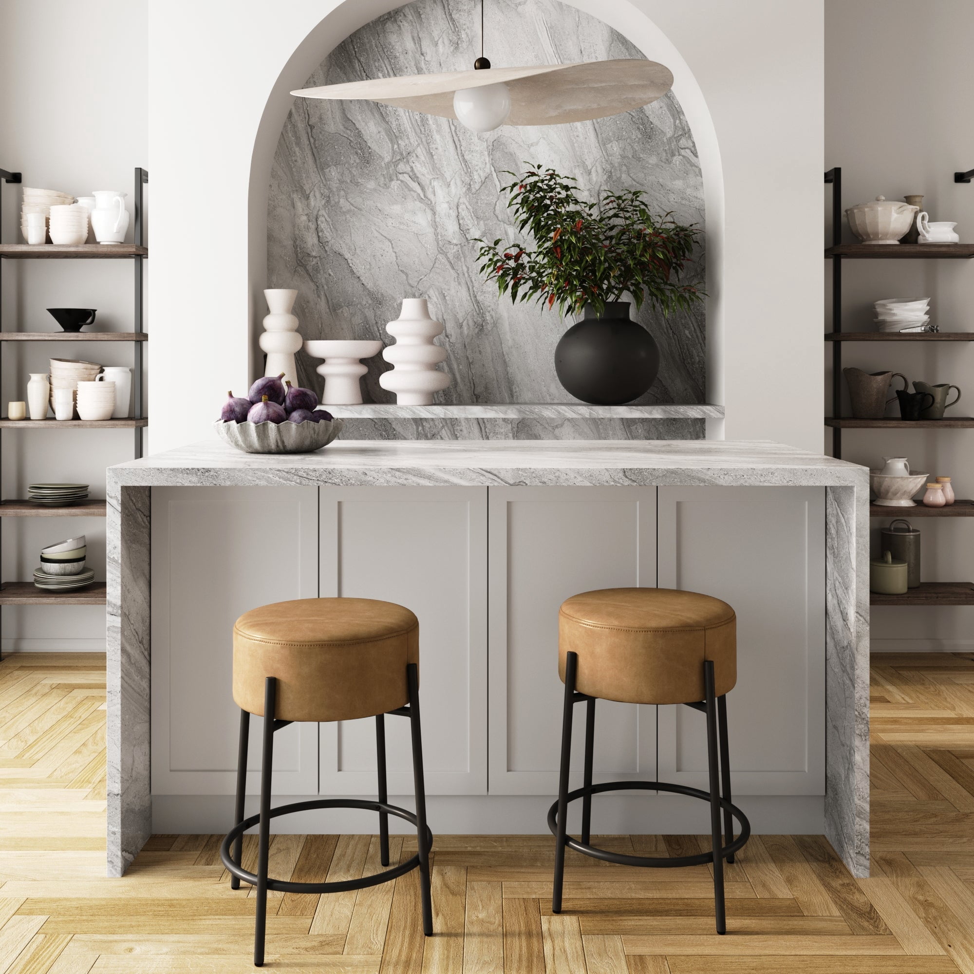 Nathan James Isaac 24" Modern Backless Bar Stool with Round Soft Padded Upholstered Seat and Metal Mid-Century Base, PU Light Brown/Black, Set of 2