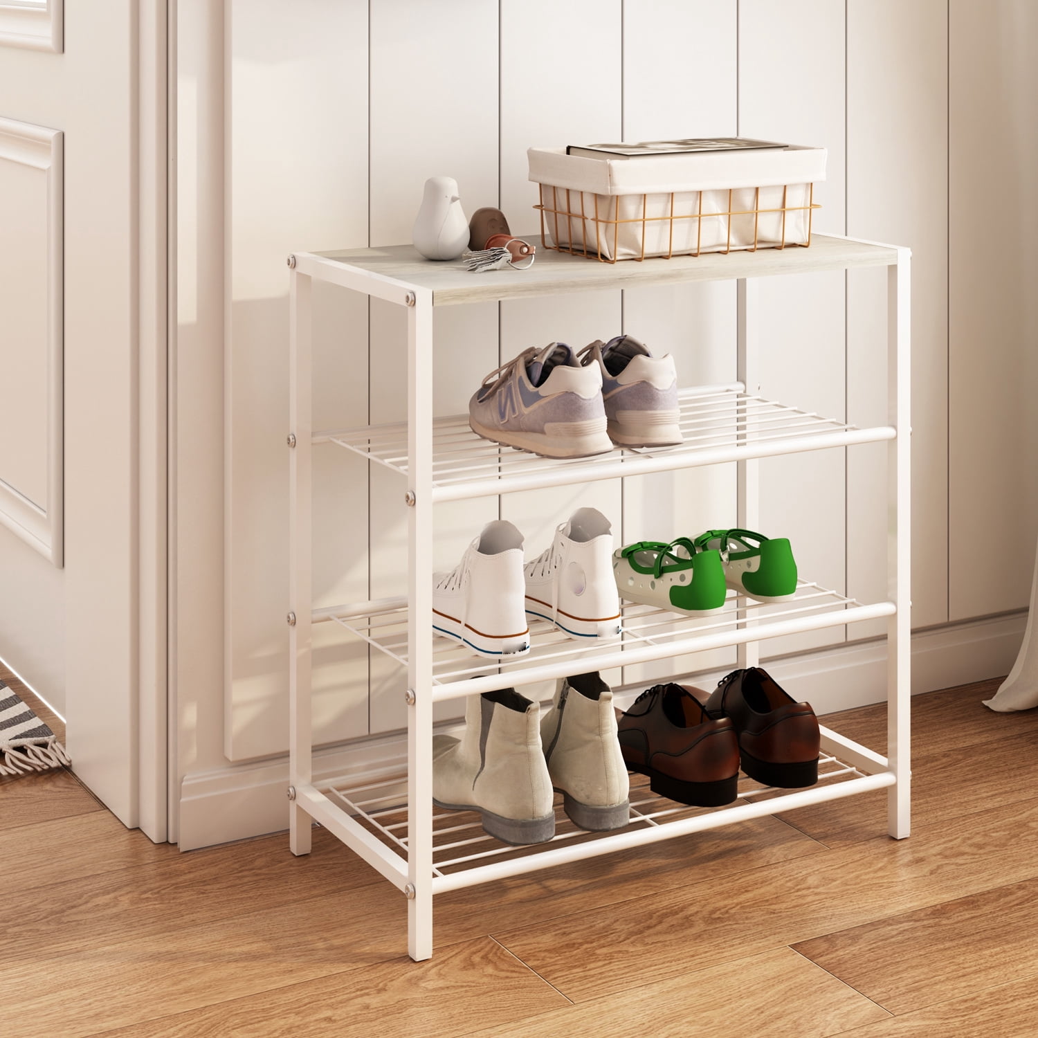 LENLN Metal Shoe rack with wood top, practical storage rack, multifunctional storage rack, Shoe Rack Organizer with Storage Shelves and Spacious Top，suitable for entrance hall, living room, bedroom,