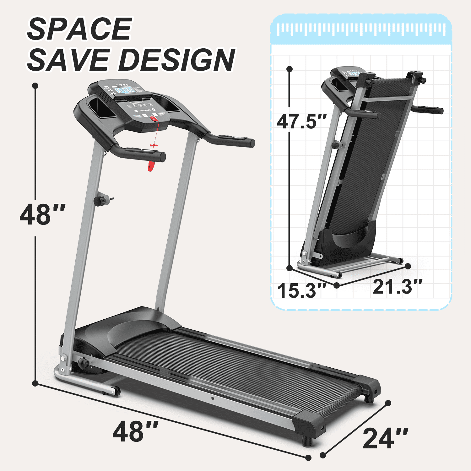 OBENSKY Foldable Electric Treadmill for Home, 2.5HP Quiet Portable Folding Small Treadmill, 7.5 MPH, LED Display, Heart Rate Senso