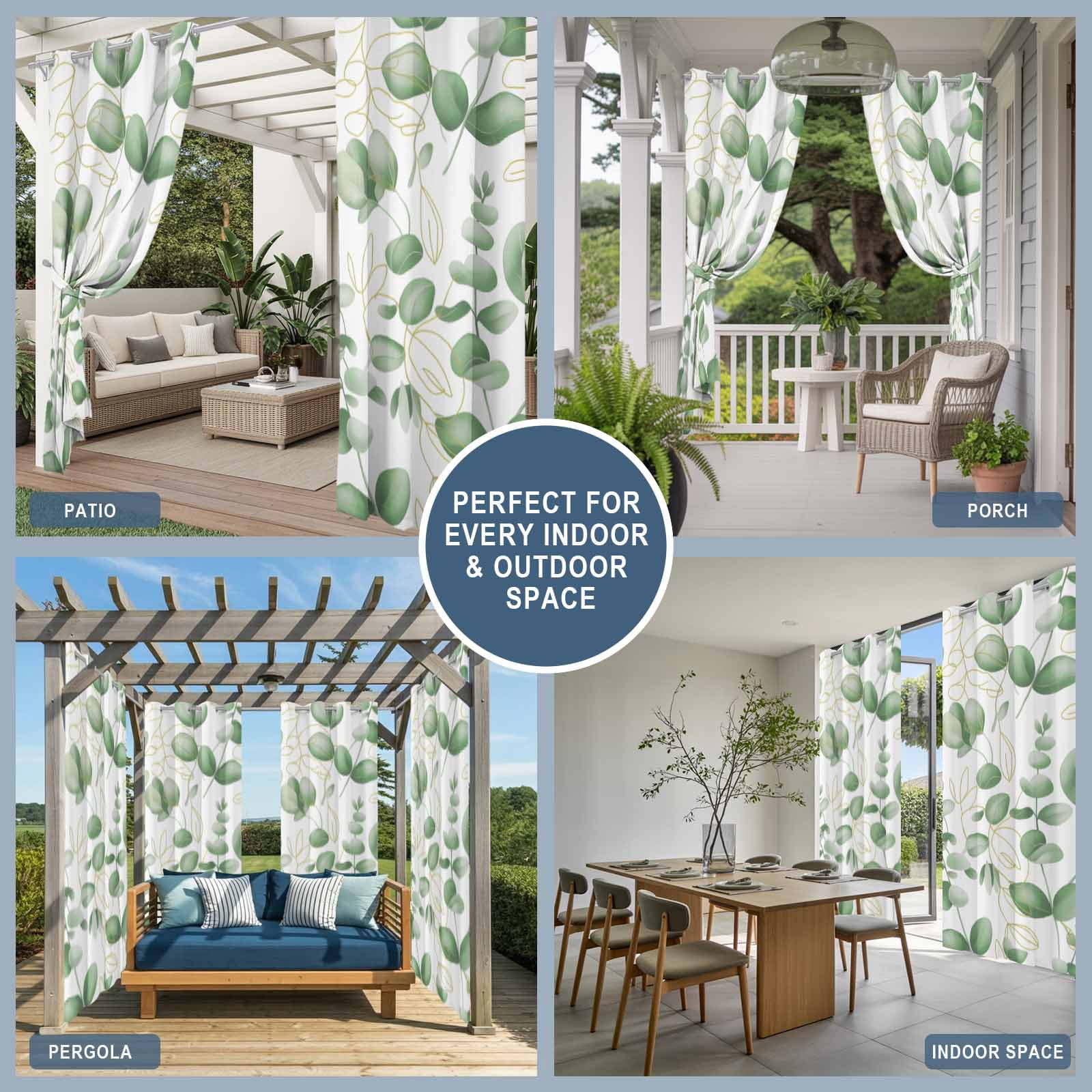 1 Panel Outdoor Curtains for Patio Waterproof 54"x108" Green Eucalyptus Leaves Weatherproof Privacy Outsides Curtains, Spring Farmhouse Country Plant Grommet Thermal Drapes for Cabana Porch Pergola