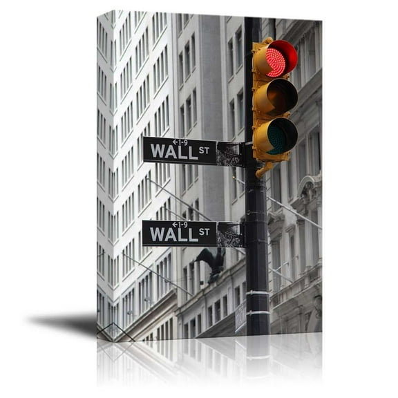 wall26 - Black and White Photograph with Pop of Color on The Traffic Lights in Wall Street - Canvas Art Home Art - 12x18 inches