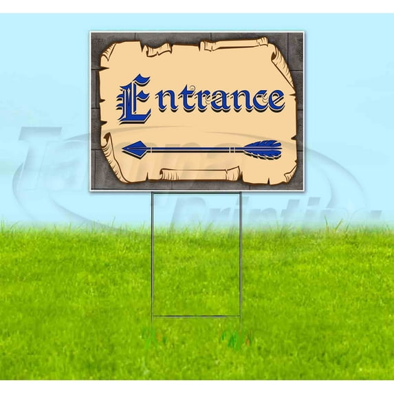 Medieval Fair Entrance Left Arrow Blue Scroll (18" X 24") Yard Sign, Includes Metal Step Stake