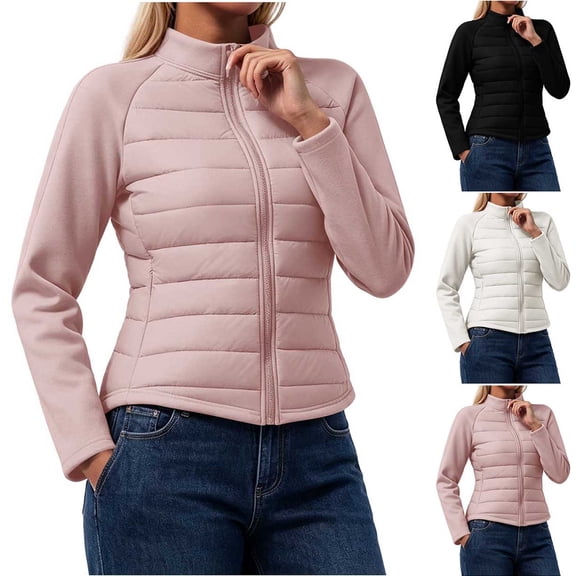 Diufon Winter Coats for Women Long Sleeve Full Zip Padded Warm Jackets Fall Winter Thickened Stand Collar Outerwear