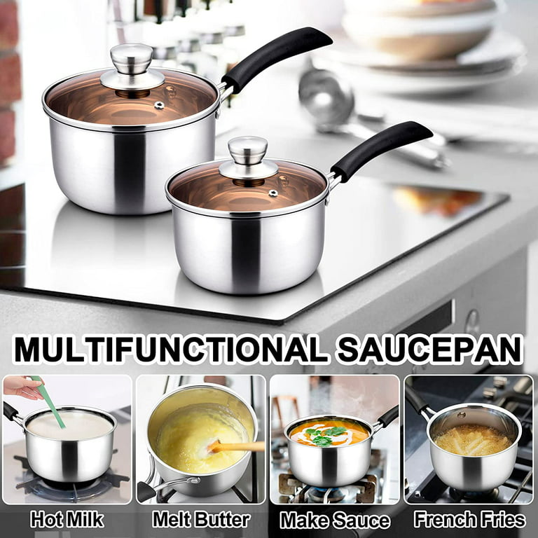 Walchoice 2 Quart Saucepan with Lid, 18/10 Stainless Steel Soup Pot for  Home Kitchen, Transparent Lid & Dishwasher Safe 