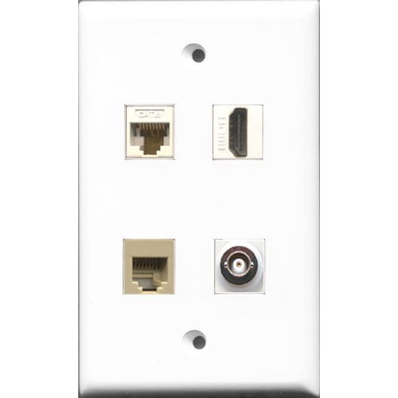 RiteAV 1 Port HDMI and 1 Port Phone RJ11 RJ12 Beige and 1 Port BNC and 1 Port Cat6 Ethernet White Wall Plate