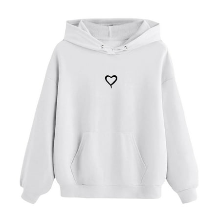 Boys Pullover Sweatshirt Girls Heart Graphic Print Long Sleeve Hooded Sweatshirt Pullover Tops Girls Hoodies (White 130 5-6 Years)