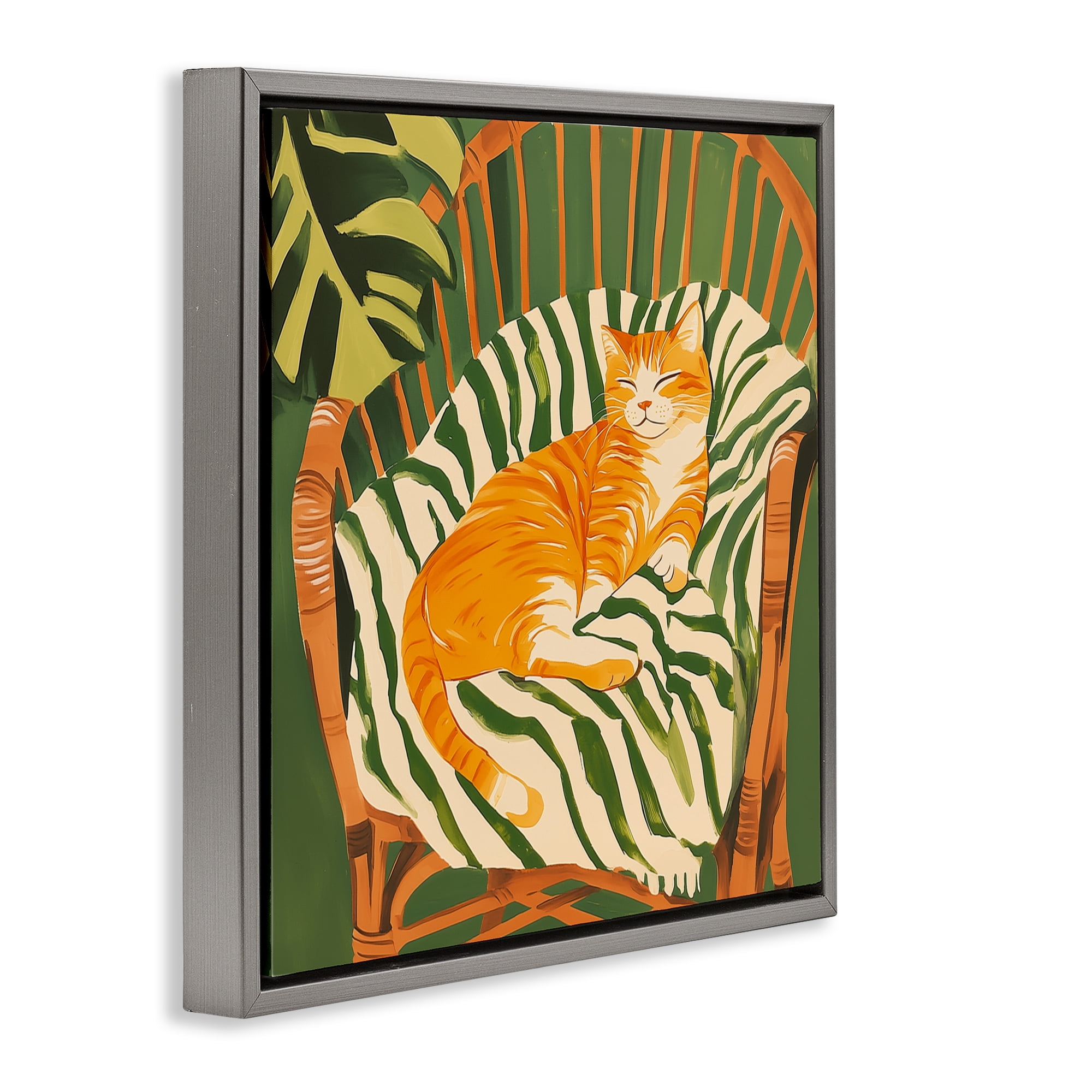 Stupell Industries Orange Cat in Rattan Chair Gray Framed Floater Canvas Wall Art, design by Walker Noble