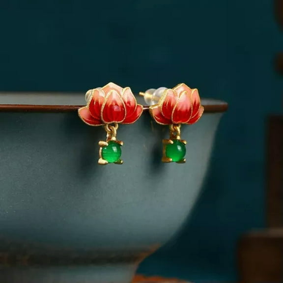 GKNET Green Real Jade Lotus Earrings 18K Gold Plated Women Natural Delicate Jewelry Ear Studs
