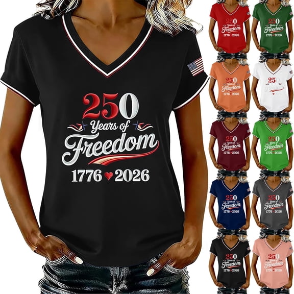 Helii Women's 250th Anniversary V Neck T Shirt – 1776-2026 Patriotic USA Flag Tee, 4th of July Independence Day Top, Relaxed Fit American Summer Shirt Black,L