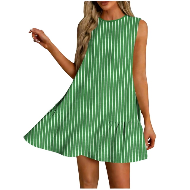 Vestido Corto para Mujeres Verano Moda Casual Impreso Lado Plisado Cuello Redondo Vestido sin Mangas para el Uso Diario