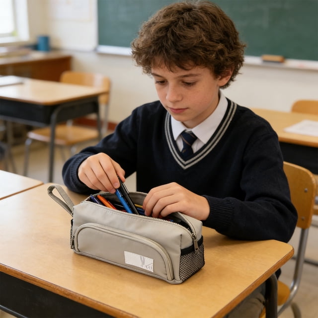 Estuche de lápices multifuncional de gran capacidad con lona resistente al agua, asa portátil y múltiples compartimentos para uso escolar y de oficina.
