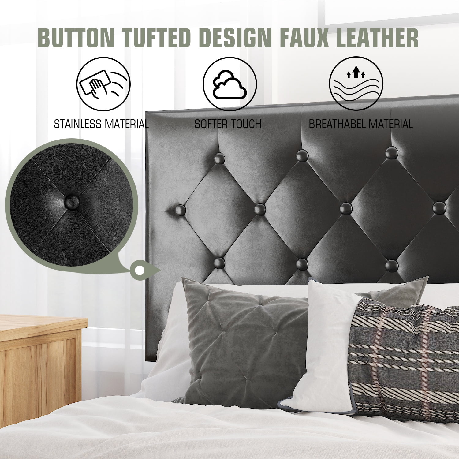 Sha Cerlin King Size Platform bed frame with Adjustable Leather Tufted Headboard, Black