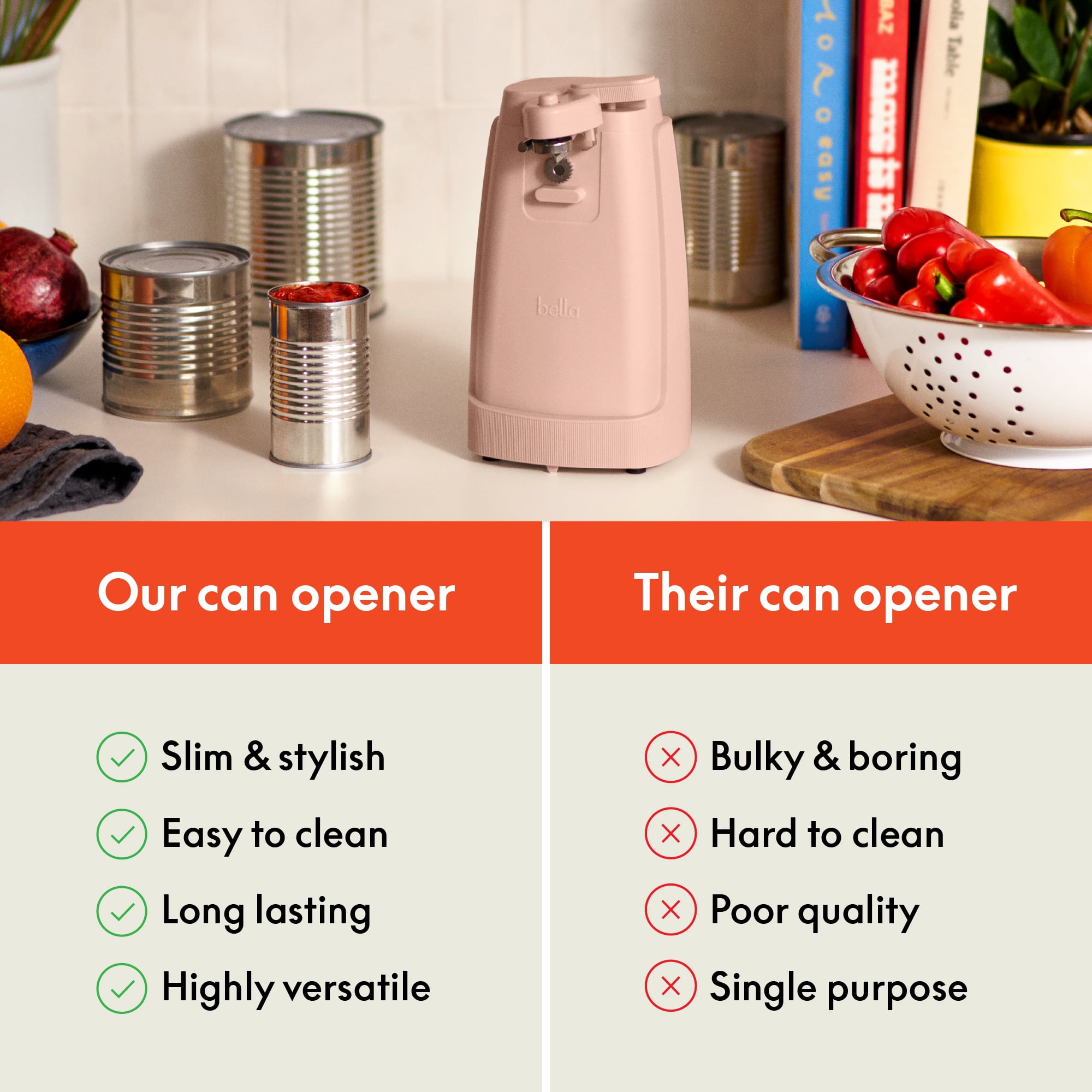 bella Electric Can Opener with Stainless Steel Cutting Blade and Cord Storage, Blossom