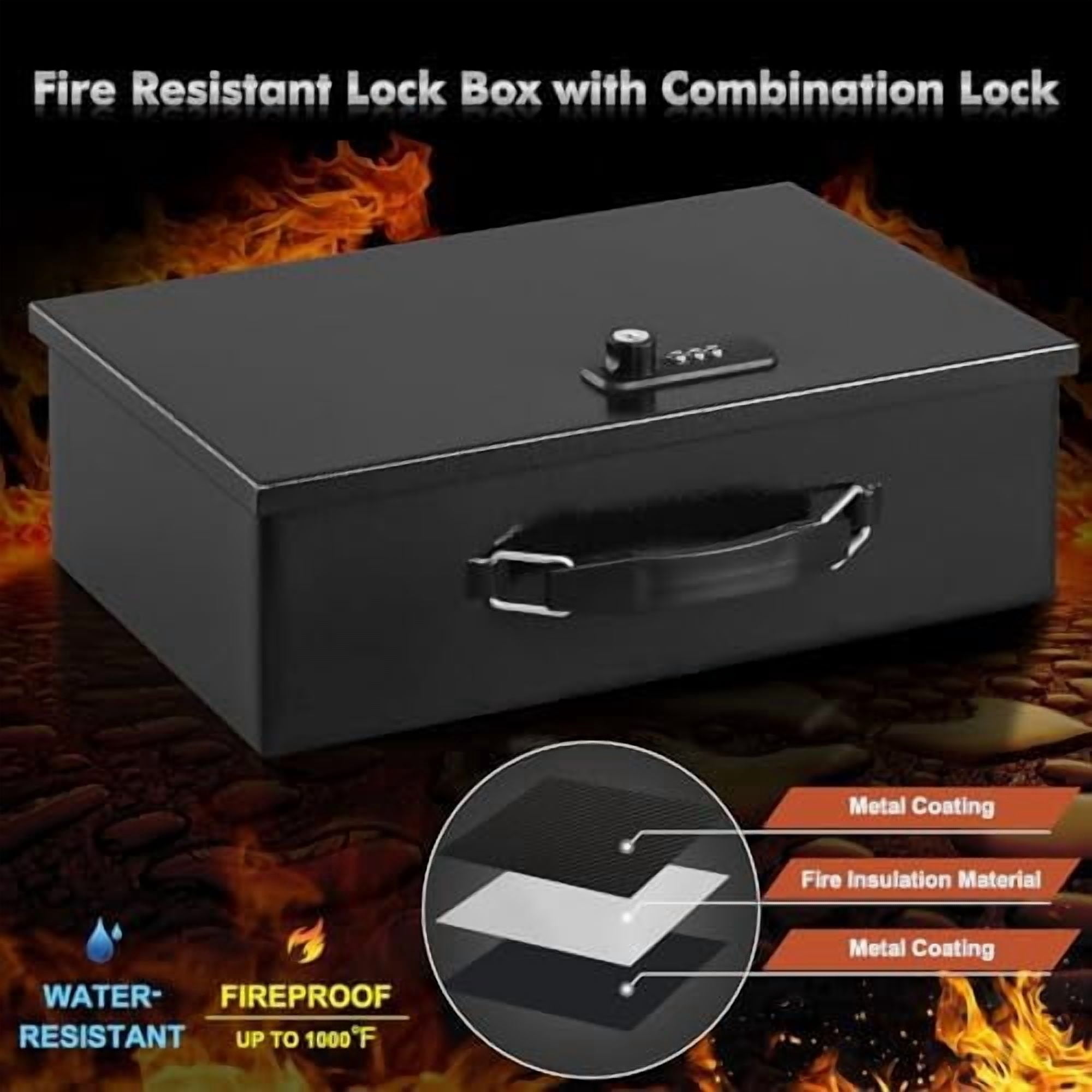 Fireproof Lock Box for Documents, Dual Combination and Key Lock Security with Carrying Handle, Metal Strong Safe Box to Keep Personal Items,Documents, Exterior 12.8" x 8.4" x 4.5", Black