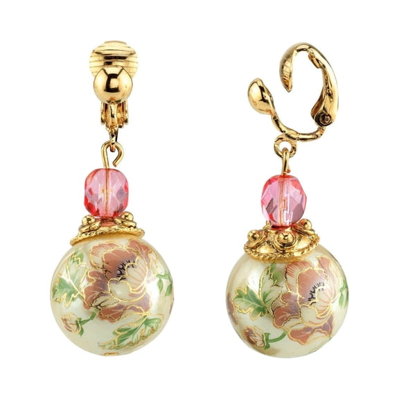 1928 Jewelry Women's Gold Tone Flower Decal Faux Pearl With Pink Crystal Clip On Drop Earrings