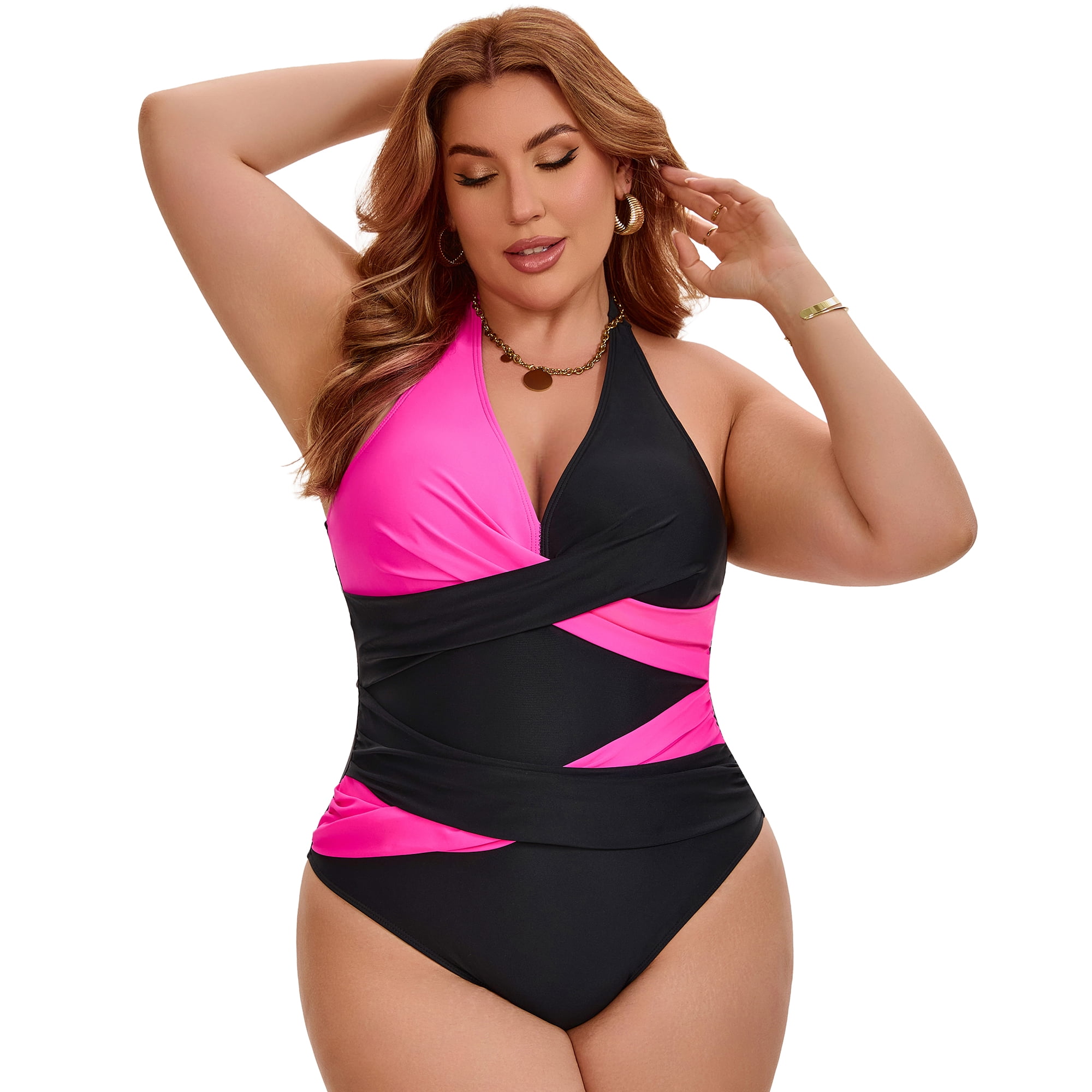DARING DIVA Women's Plus Halter Criss Cross Backless 1 Piece Bathing Suit L Pink