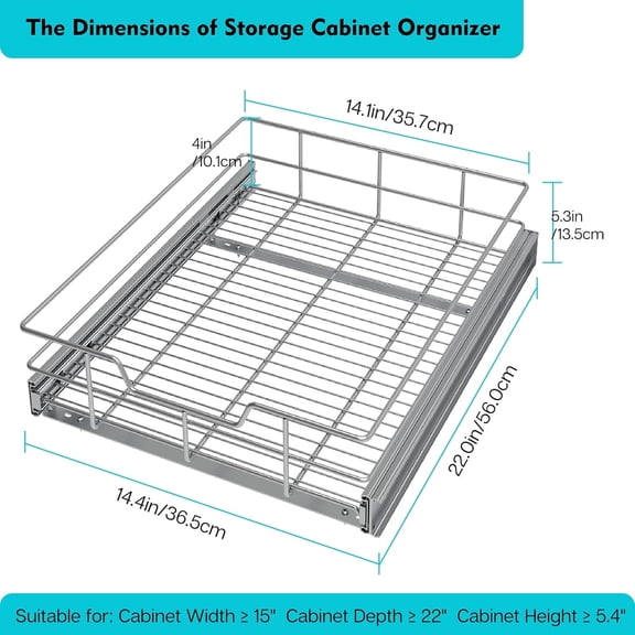 STORKING Heavy-Duty 14" W X 22" D Pull Out Cabinet Organizer, Chrome-Plated Slide Out Drawers for Kitchen Storage and Organizers, Pantry Caddy