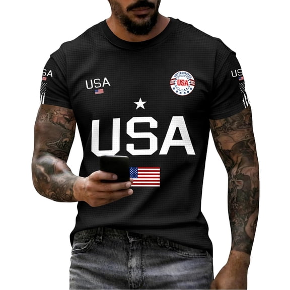 Glisme 682Th Anniversary Men'S Shirt American Flag Letter Print Short Sleeve Crew Neck Tees Summer Independence Day Breathable Men T-Shirt Size L Black