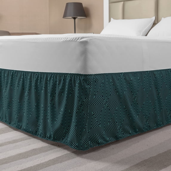Abstract Bed Skirt, Concept of Geometric Lines Pattern Optical Shapes Intricate Stripes, Elastic Bedskirt Dust Ruffle Wrap Around for Bedding Decor, 4 Sizes, Dark Blue and Petrol Blue, by Ambesonne