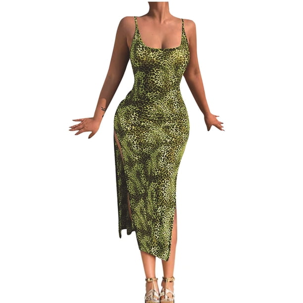 Vestido de Verano para las Mujeres, Vestido Largo Delgado Cuello Redondo sin Mangas de Impresión de Leopardo Sexy Hecho de Poliéster Ligero, Vestido Sexy para las Mujeres