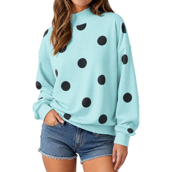 Sewkxo Women Polka Dot Mock Neck Sweatshirt Oversized Long Sleeve Pullover Casual Fall Winter Sweatshirt,Light Blue XL