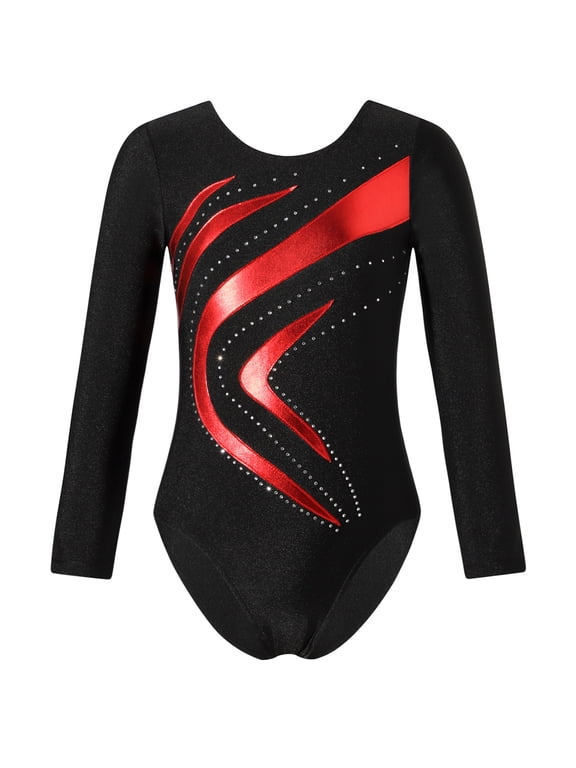 Kids Girls Shiny Rhinestone Long Sleeve Gymnastic Leotard Ballet Dance Athletic Bodysuit Top Red 8