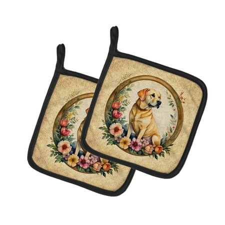 

Yellow Labrador Retriever and Flowers Pair of Pot Holders 7.5 in x 7.5 in