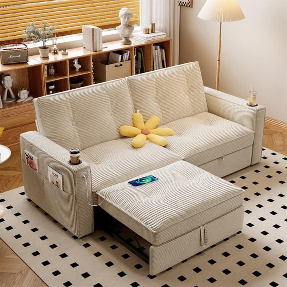 Hommoo 70" Convertible 2-in-1 Pull Out Couch Bed, Multi-Functional Corduroy Loveseat Sleeper Sofa Bed, White