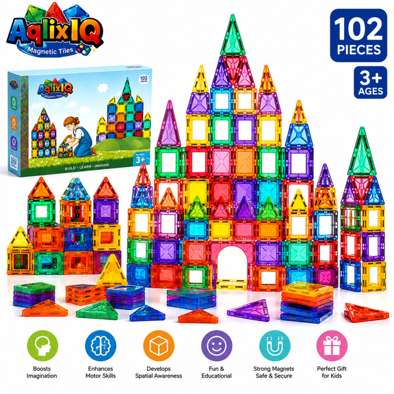 AqlixIQ 102 Piece Magnetic Tiles for Kids, Educational Magnetic Building Blocks for Boys Girls, STEM Preschool Kindergarten Learning Toys