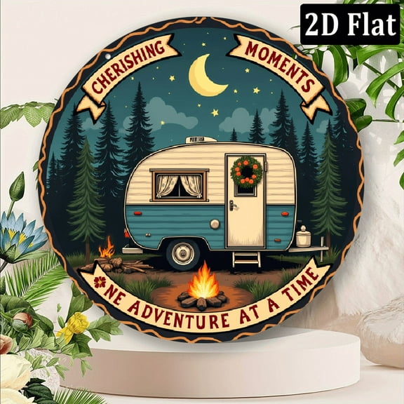 1pc Rustic Vintage Camper Trailer Metal Sign, 8*8 Inch Wall Hanging Plaque with Cheshire Moments Quote, Multifunctional Home Decor for Camping Outdoor Enthusiasts