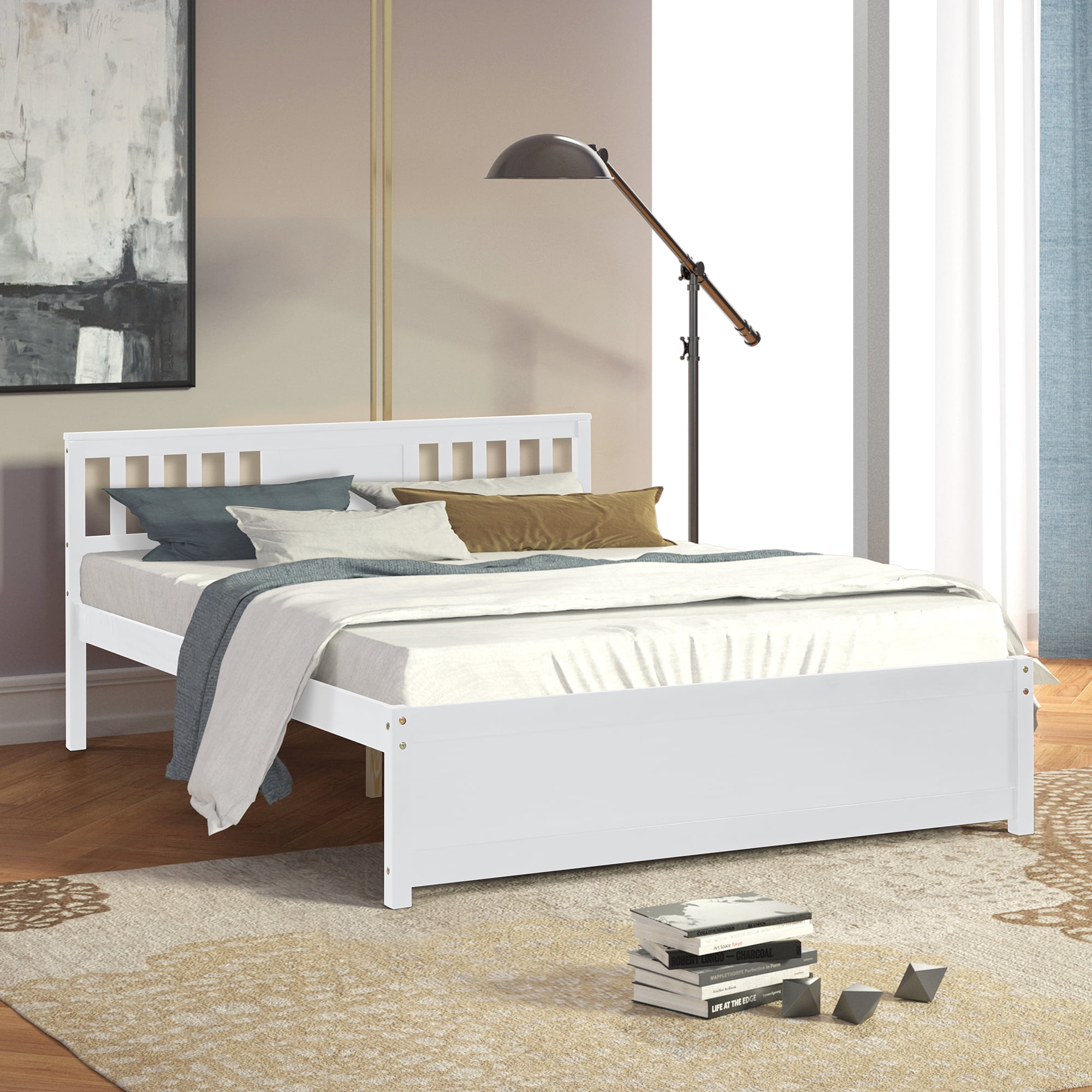 SYNGAR White Queen Bed Frame with Headboard and Footboard, Solid Wood ...