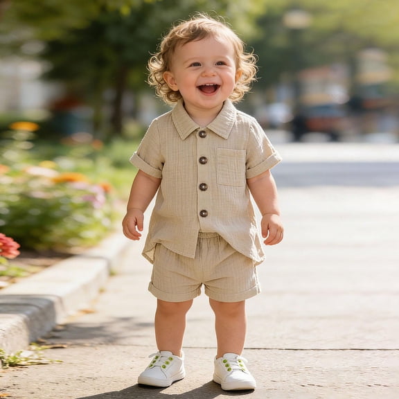 Glisme Clothes For Boys Round Neck Solid Color Short Sleeve Tops Shorts Classic Toddler Outfits Khaki