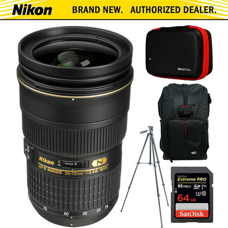 Nikon AF-S NIKKOR FX Full Frame 24-70mm f/2.8G ED Lens + 64GB Accessories Bundle Includes Backpack for Cameras + All-in-One Cleaning Kit for DSLR Cameras + 60-Inch Video & Photography