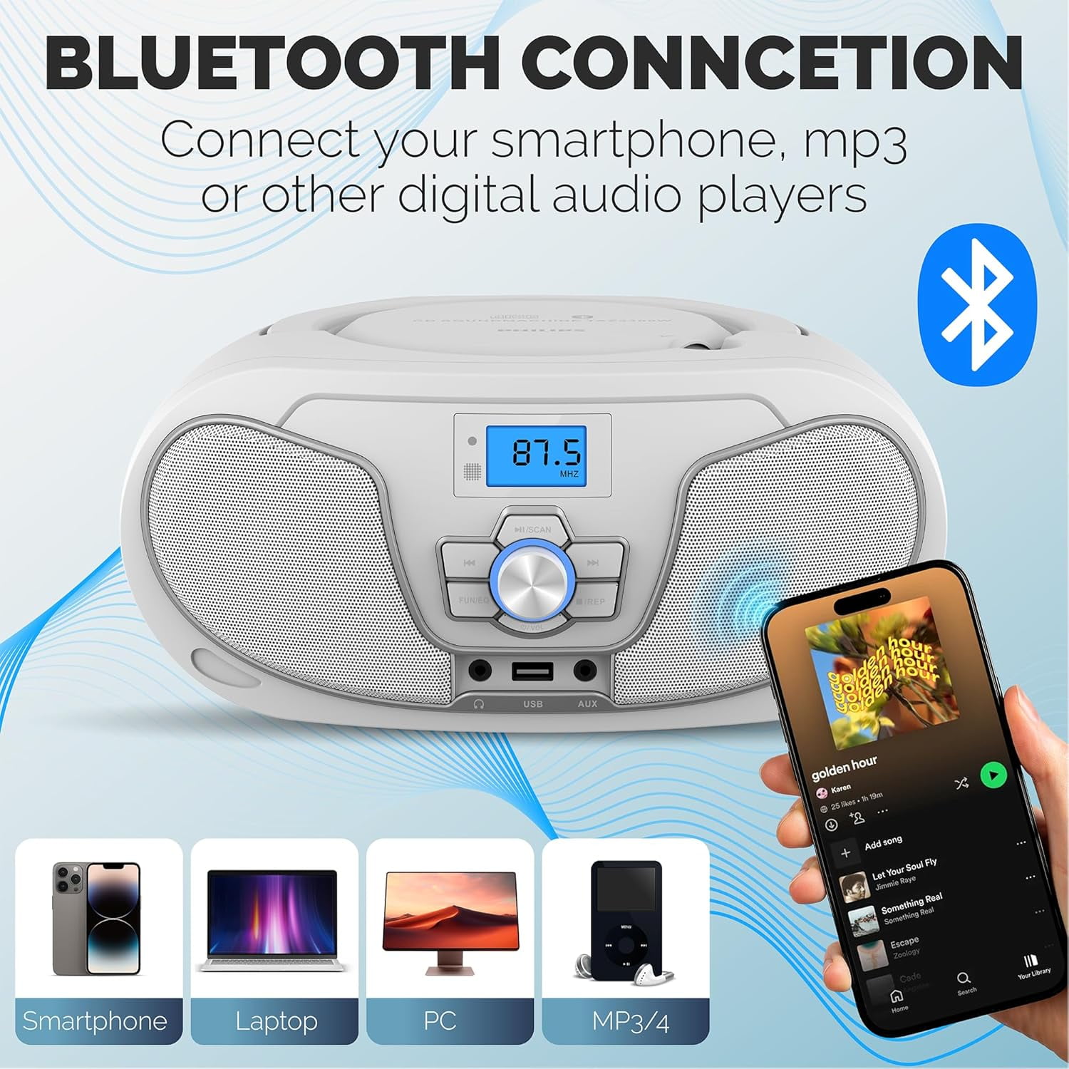 Philips Bluetooth Portable Boombox with Top-Loading CD Player, FM Radio, USB Playback, and Dynamic Bass Boost - White