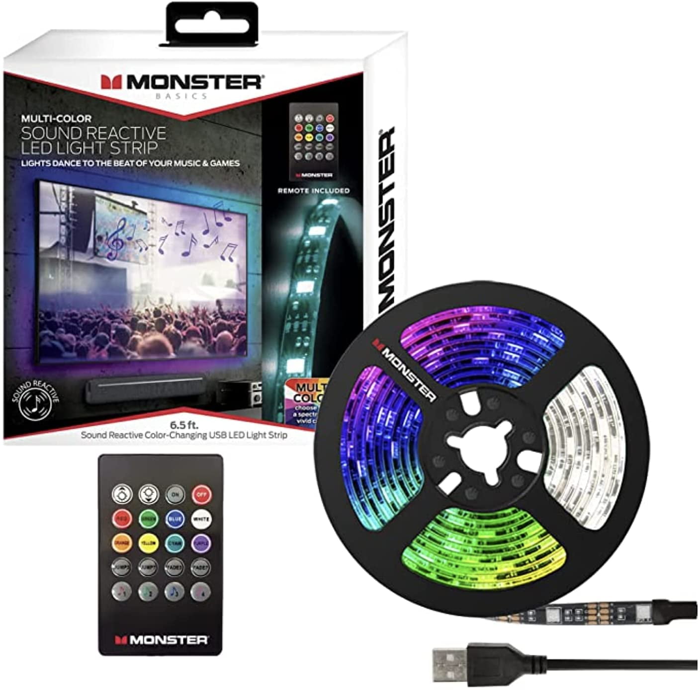 Monster 6.5 ft Multi-Color Sound Reactive LED Light Strip, Smooth Fit to  Any Space, TVs, Computers, Kitchens, Bedrooms, Customizable Settings,  Remote Control, USB-Powered, Easy DIY Installation - Walmart.com