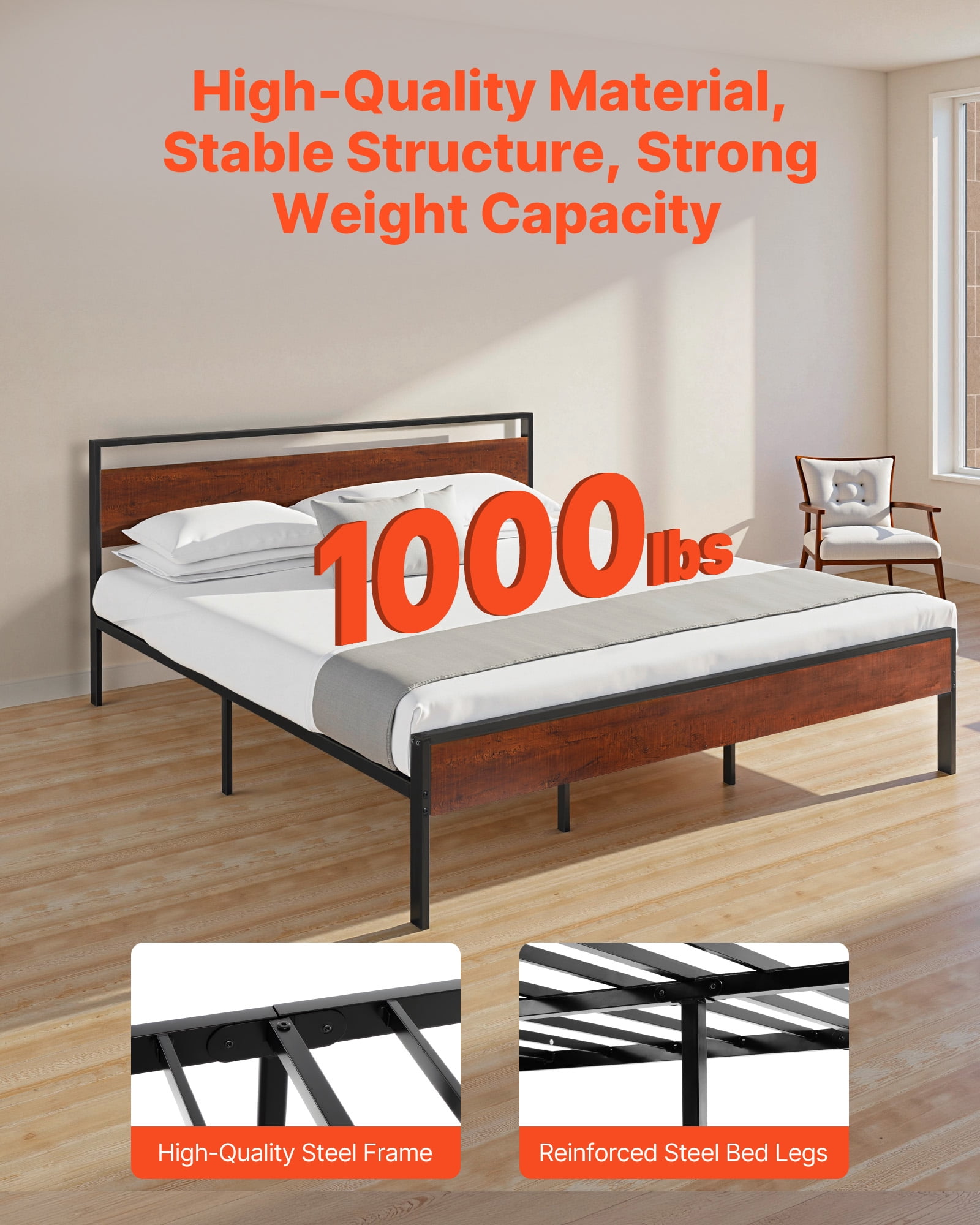 VEVOR King Size Bed Frame, 14 Inch Black Metal Platform Bed Frame with Retro Brown Wooden Headboard and Footboard, Large Under-Bed Storage, Non-Slip Without Noise, No Box Spring Needed, Easy Assembly