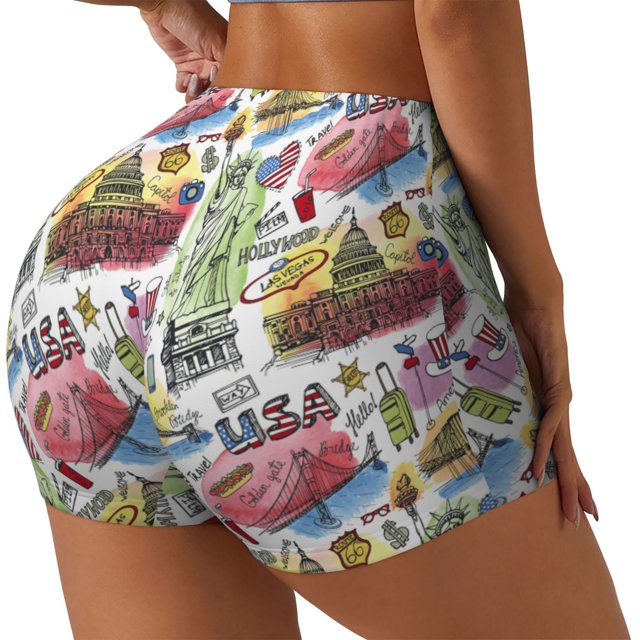 Balery America Landmarks1 Pantalones cortos de entrenamiento estampados para mujer, sin costuras, ajustados, para gimnasio, yoga, correr, deportes, ejercicio activo, fitness.-X-Large
