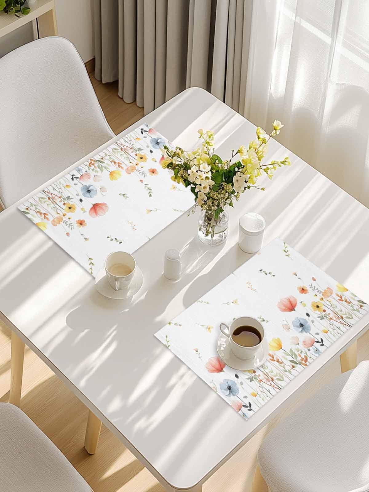 Spring Wildflowers Placemats Set of 4, Watercolor Rustic Flowers Floral Leaves Placemats for Dining Table, Place Mats for Kitchen Tabletop, Waterproof Wipeable Dining Table Mats Set