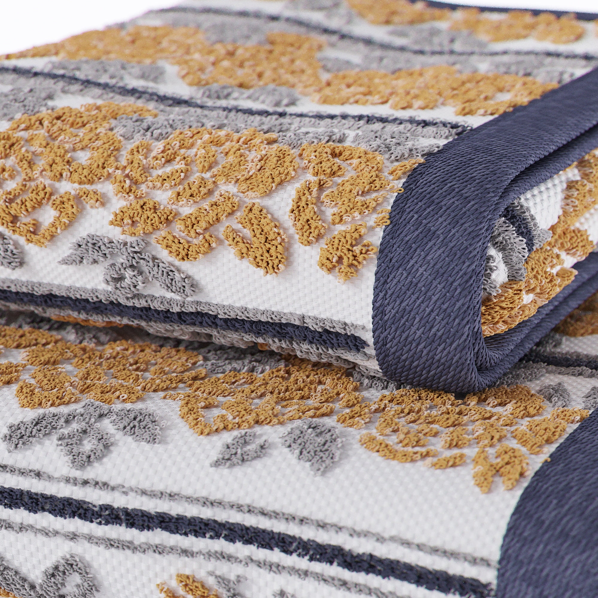 Beautiful by Drew Barrymore 4-Piece Bath Towel Set, Wallpaper Pattern, 100% Cotton, Amber Yellow