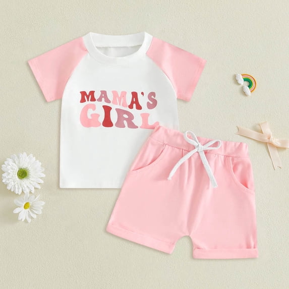 mgoYE Baby Girl Clothes 0-3 months Toddler Baby Girl Summer Clothes Daddys Girl Letter Short Sleeve T Shirt Tops Newborn Rolled Shorts Outfit Set(Pink,18-24 Months)