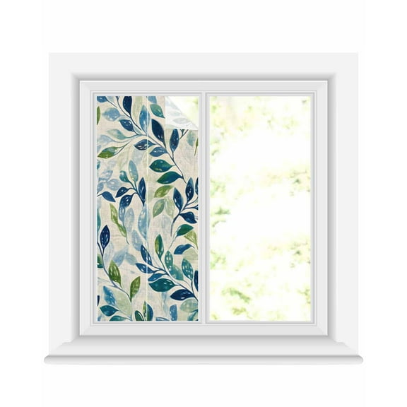 Window Privacy Film Navy Blue Leaves Stained Glass Window Film Decorative Sun Block Window Cover Green Summer Botanical Rustic Window Clings Static Adhesive Sticker for Bathroom 17.7"x39.3"
