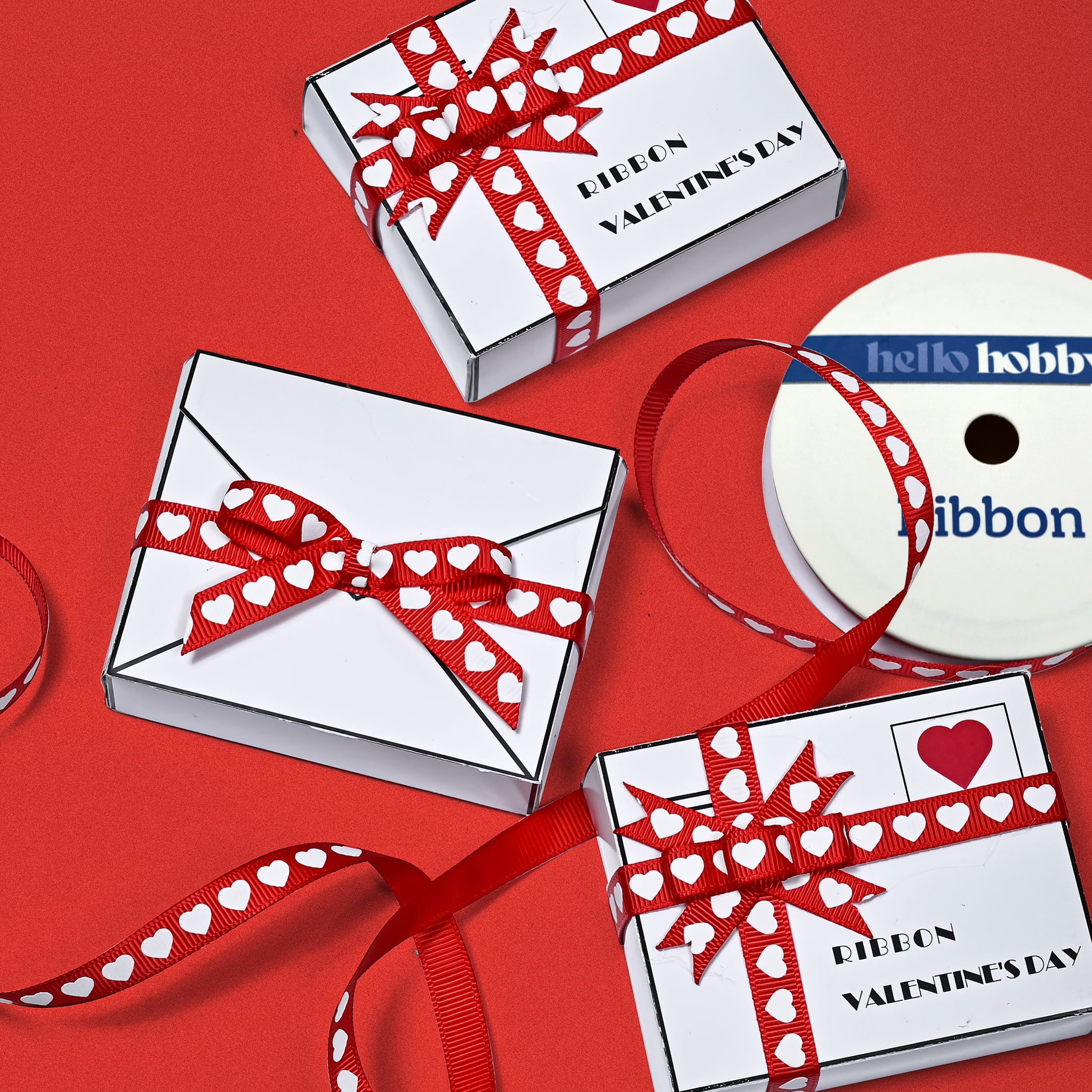 Gwen Studios 3/8" Red with White Hearts Grosgrain Ribbon, 7 Yards
