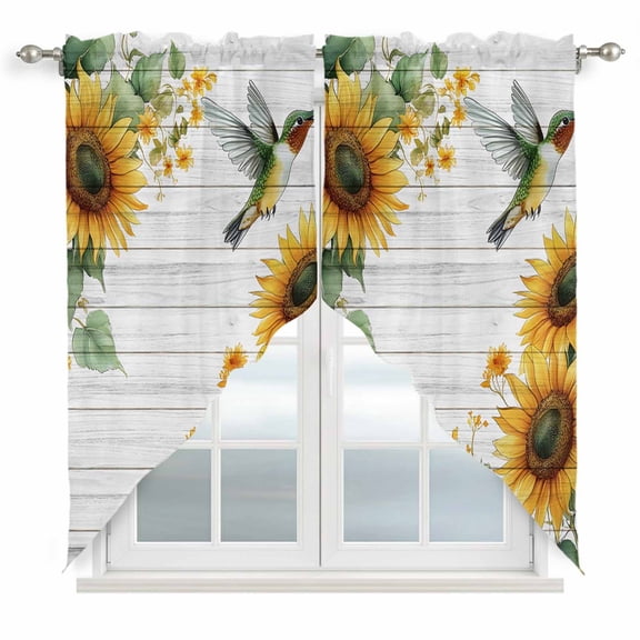 Swag Valance Curtains for Windows, Sunflower Light Filtering Kitchen Curtains with Rod Pocket, Summer Flowers Hummingbird Vintage Decorative Window Treatment Valances for Living Room, 36x36 - 2 PCS
